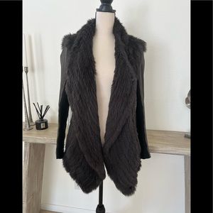 June Rabbit Fur Jacket Leather Sleeves Draped Luxury Coat Brown Small